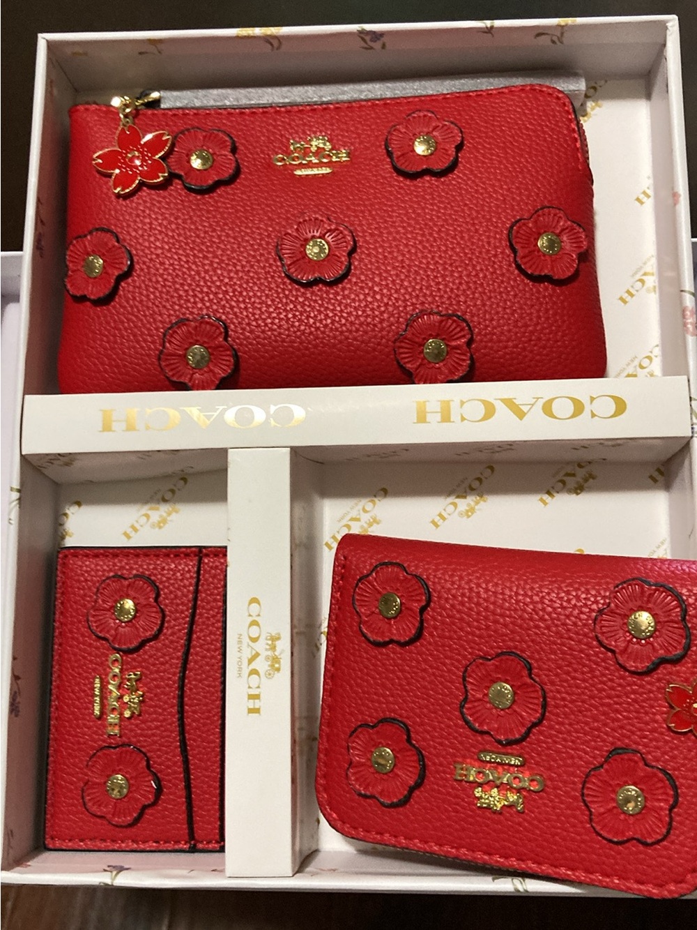 Coach Red Floral Appliqué Pebbled Leather Wallet Trio